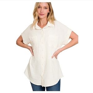 WOVEN AIRFLOW SHORT CUFF SLEEVE BUTTON FRONT SHIRT✨️
